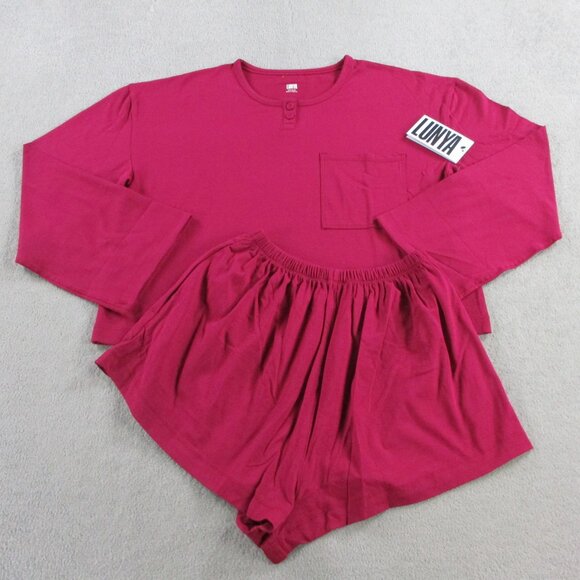 Lunya Slumberknit Long Sleeve Henley Short Set Womens XS Pomegranate Red Pajamas - Picture 2 of 16
